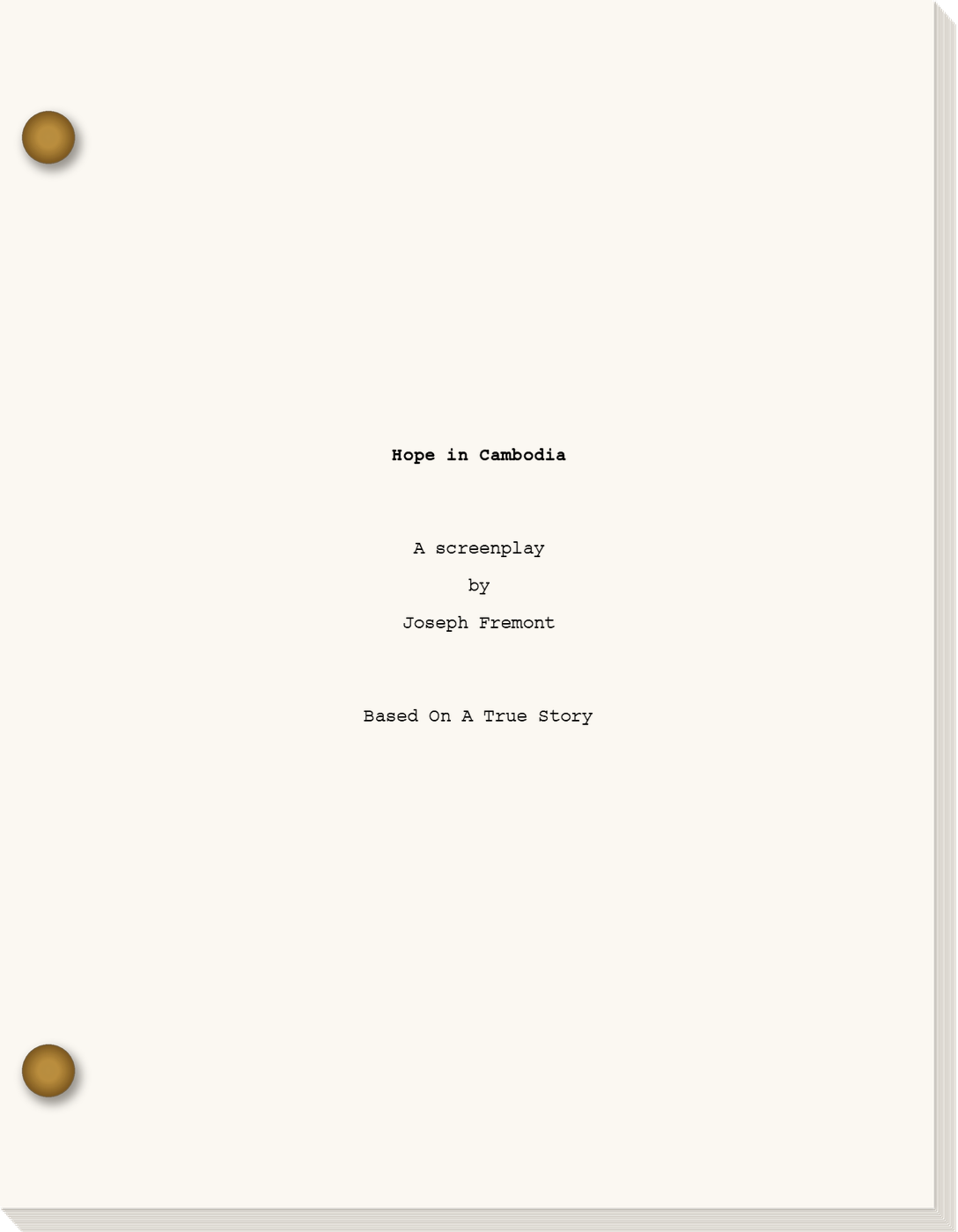 The bound screenplay: cardstock cover, brass brads through the top and bottom holes